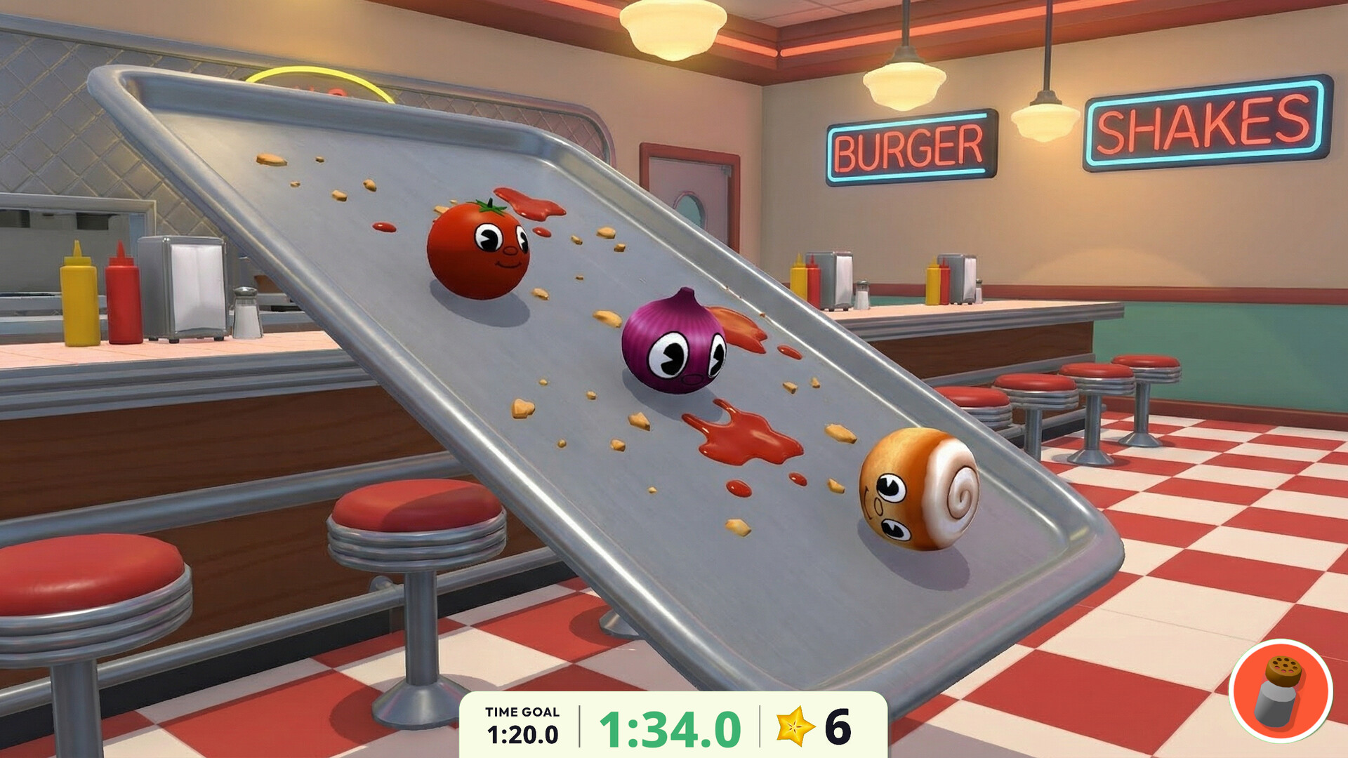 Foodgitives asymmetric local co-op mode with one player tilting while others dodge hazards