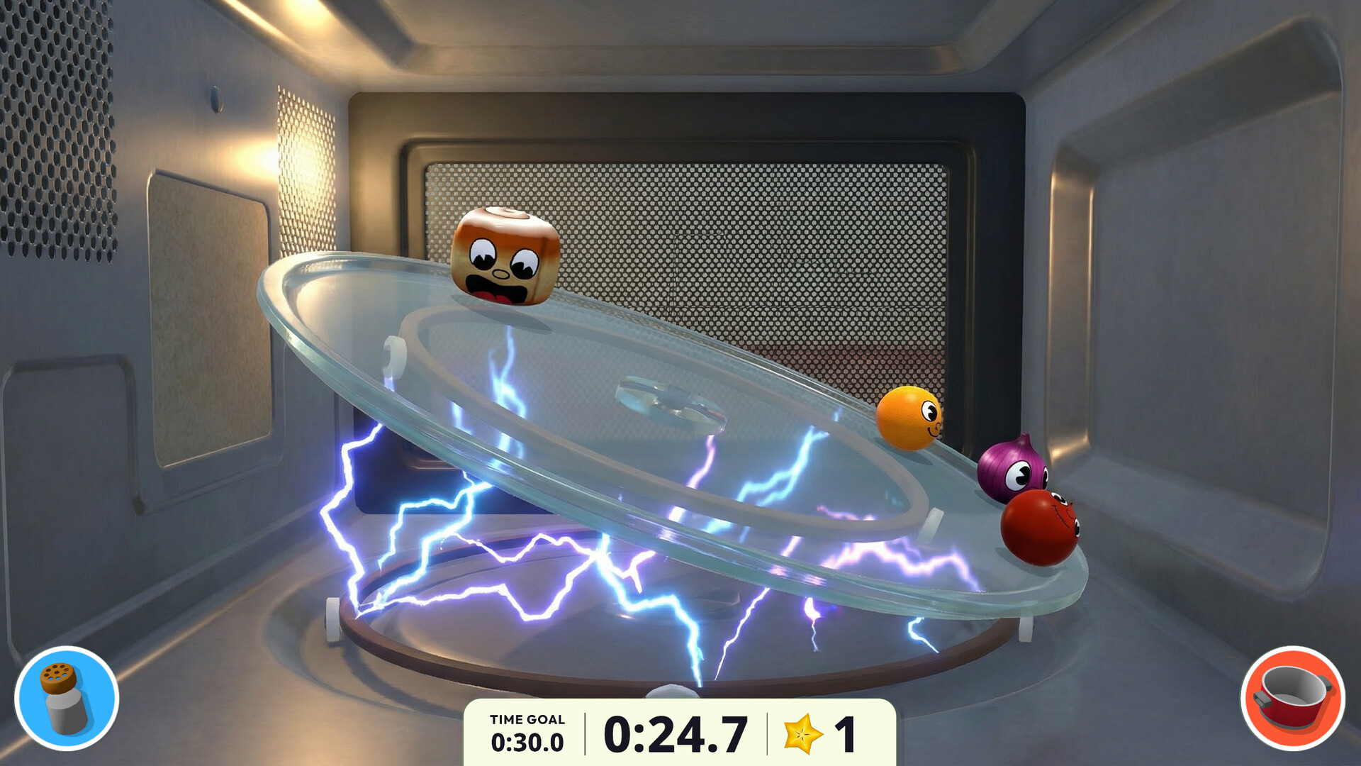 Foodgitives jazz-themed level with food character dodging hazards in a microwave oven