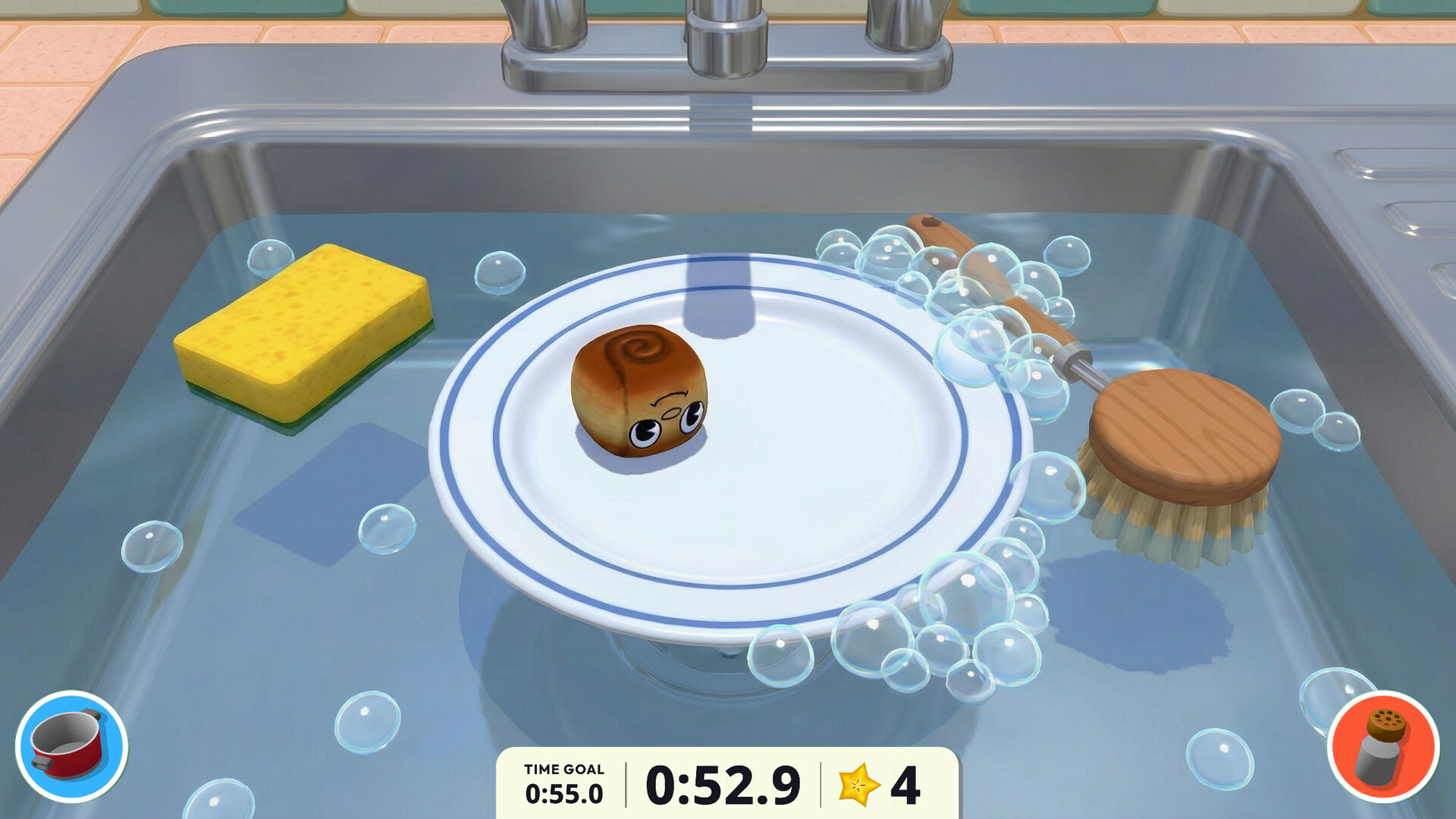 Foodgitives fast retry gameplay with food character dodging hazards in a kitchen sink level